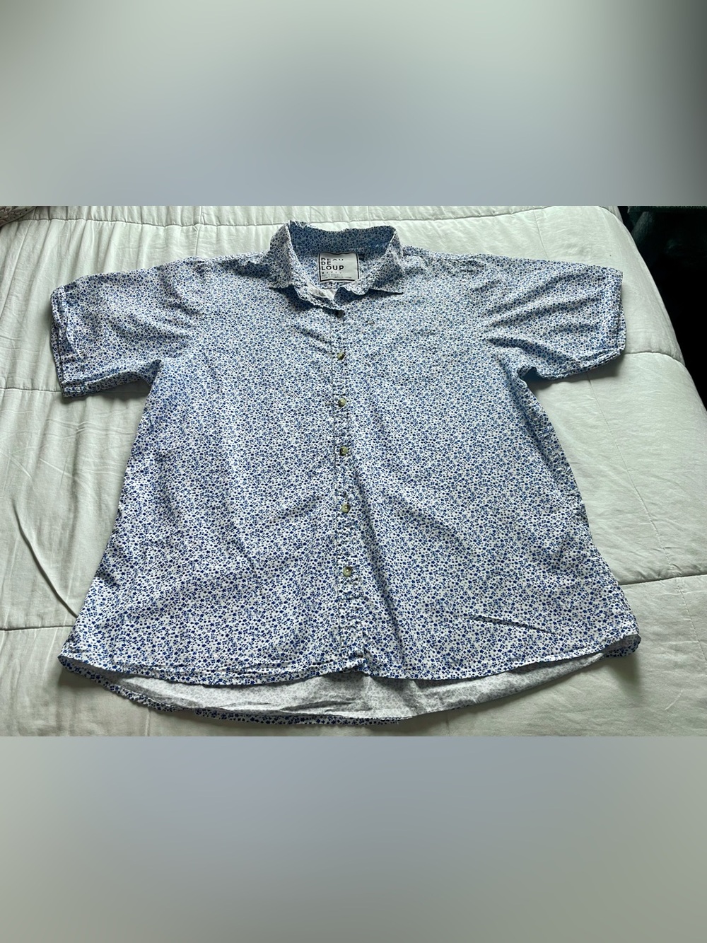 Peau De Loup Blue White Ditsy Floral Short Sleeve Button Shirt 20 Androgynous